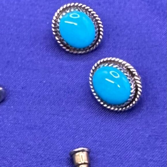 Sterling Silver & Turquoise Colored Cabochon Post Earrings - Picture 7 of 12